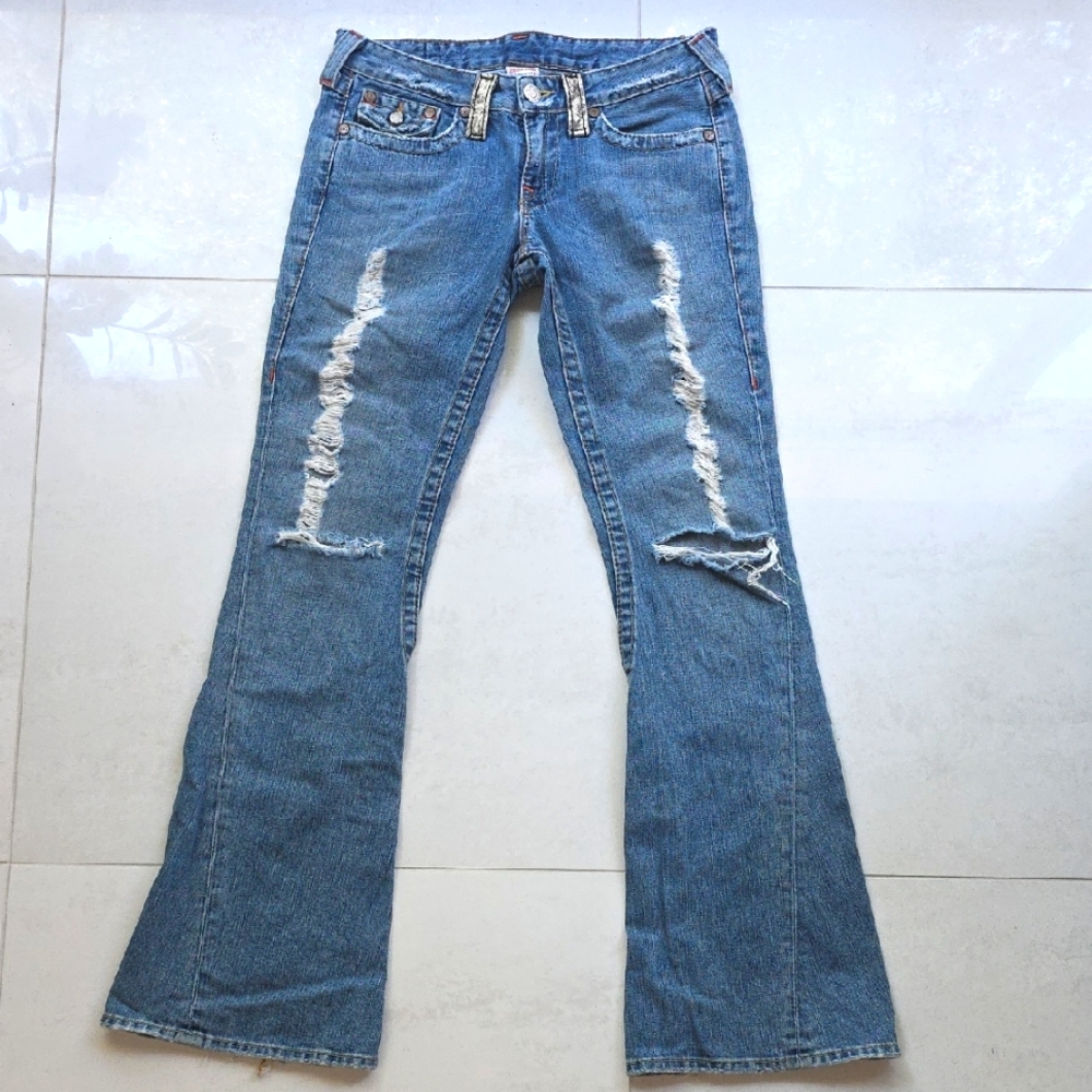 True Religion Low Rise Distressed Flare Jeans Snakeskin 100% Cotton size 29 Y2K